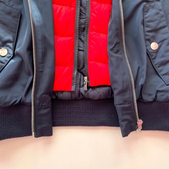 TOMMY HILFIGER Logo-Embroidered Quilted Navy Red Bomber Jacket Down Lining Small - Picture 10 of 16